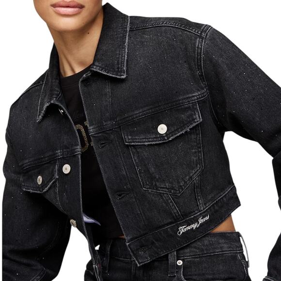 Tommy Jeans Jackets & Blazers - Tommy Jeans Women’s Rhinestone Boxy Cropped Denim Jean Jacket Black Size L